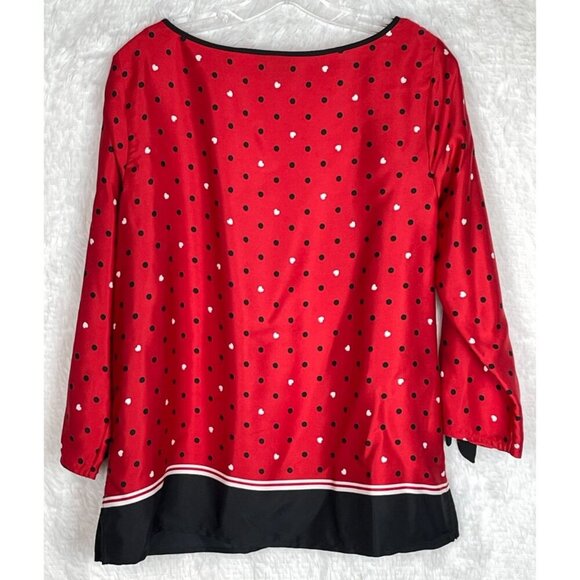 Liz Claiborne Medium 3/4 Sleeve Red Black Polka Dot White Heart Top Silky - Picture 3 of 6